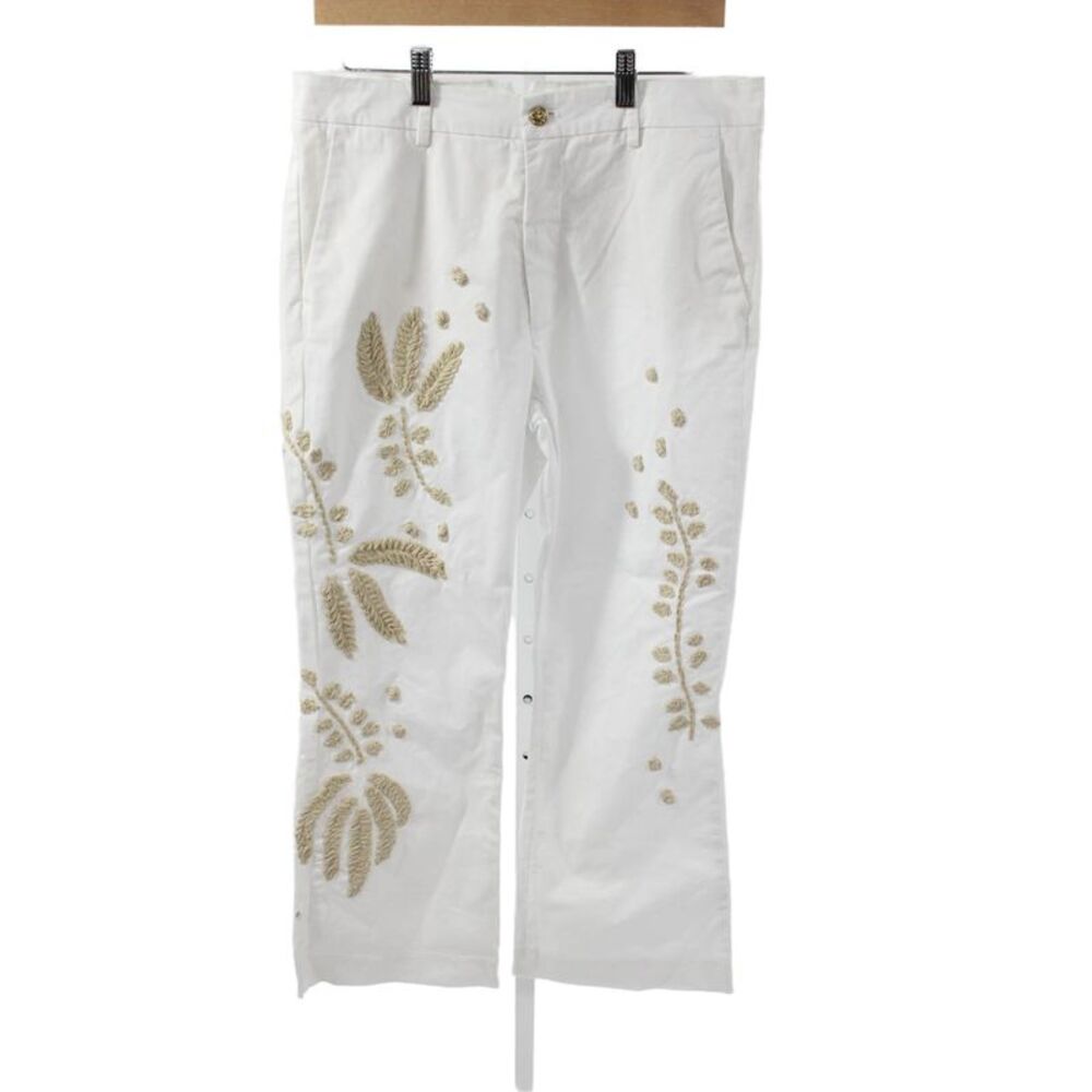 History Repeats Womens Chino Pants White Floral Cotton High Rise Button Size 42
